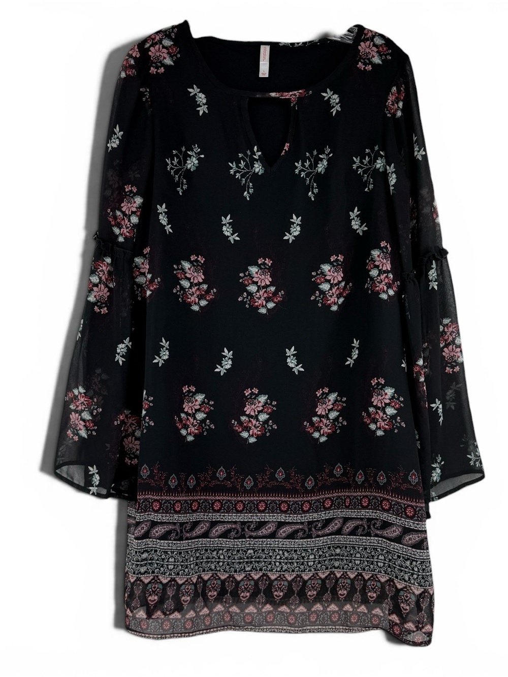 Xhilaration Black Floral Boho Dress Sheer Bell Sleeve Keyhole L